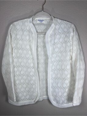 Vintage 60s 70s White Vienna Lace Knit Open Front Cardigan Sweater Mod S M